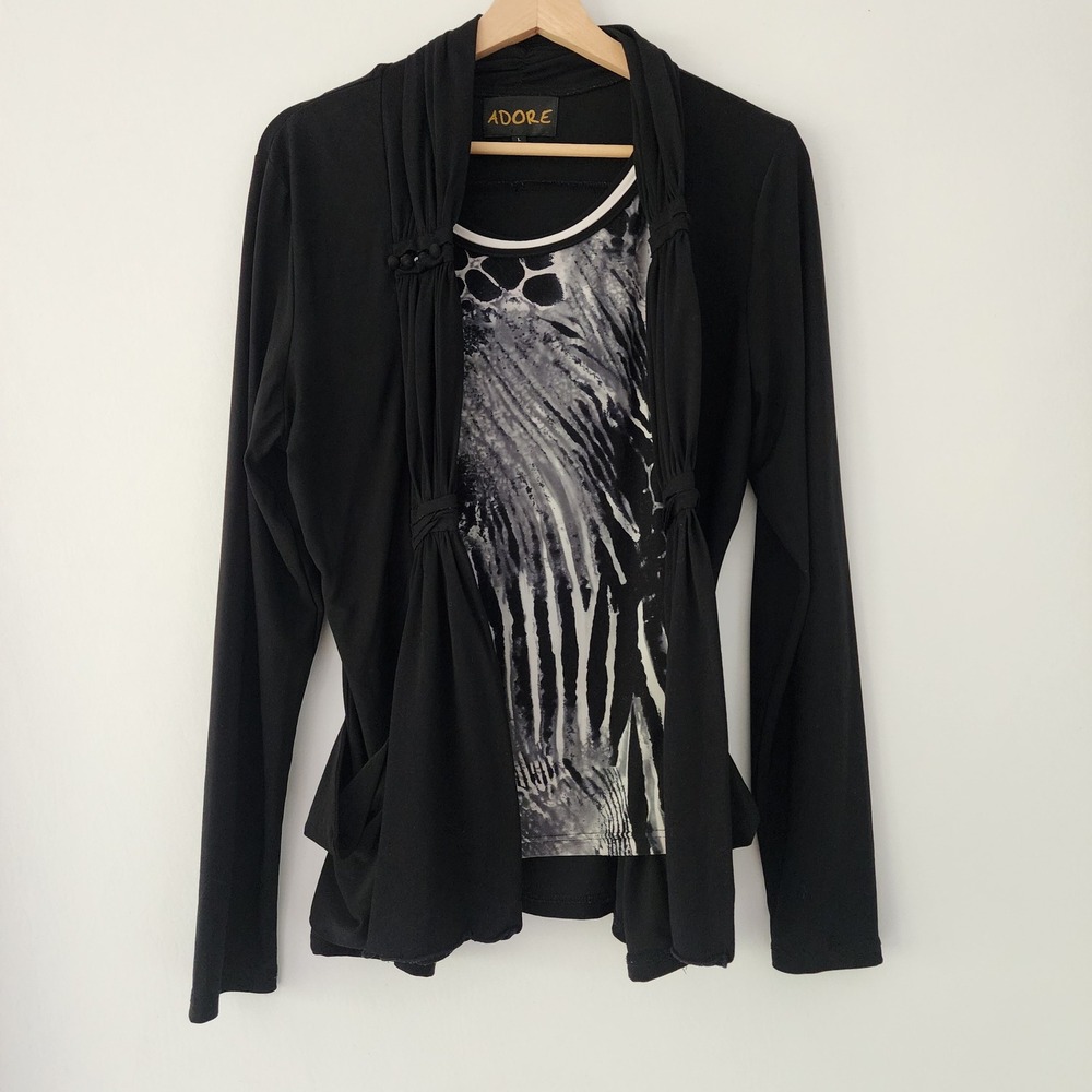 Adore black faux blouse cardigan womens size L art to wear funky